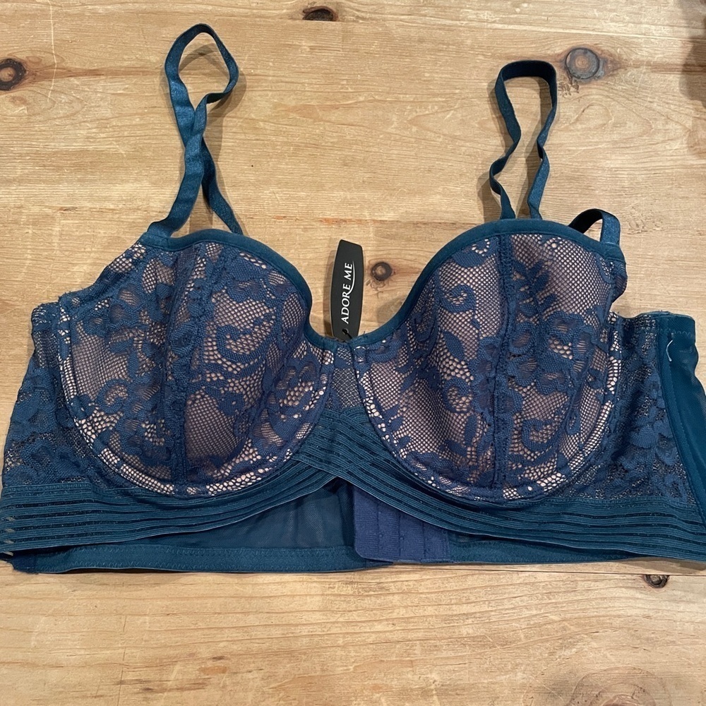 NWT Adore Me Blue Mesh Underwire Lace Bra 36C Feminine Lingerie Sheer Trim